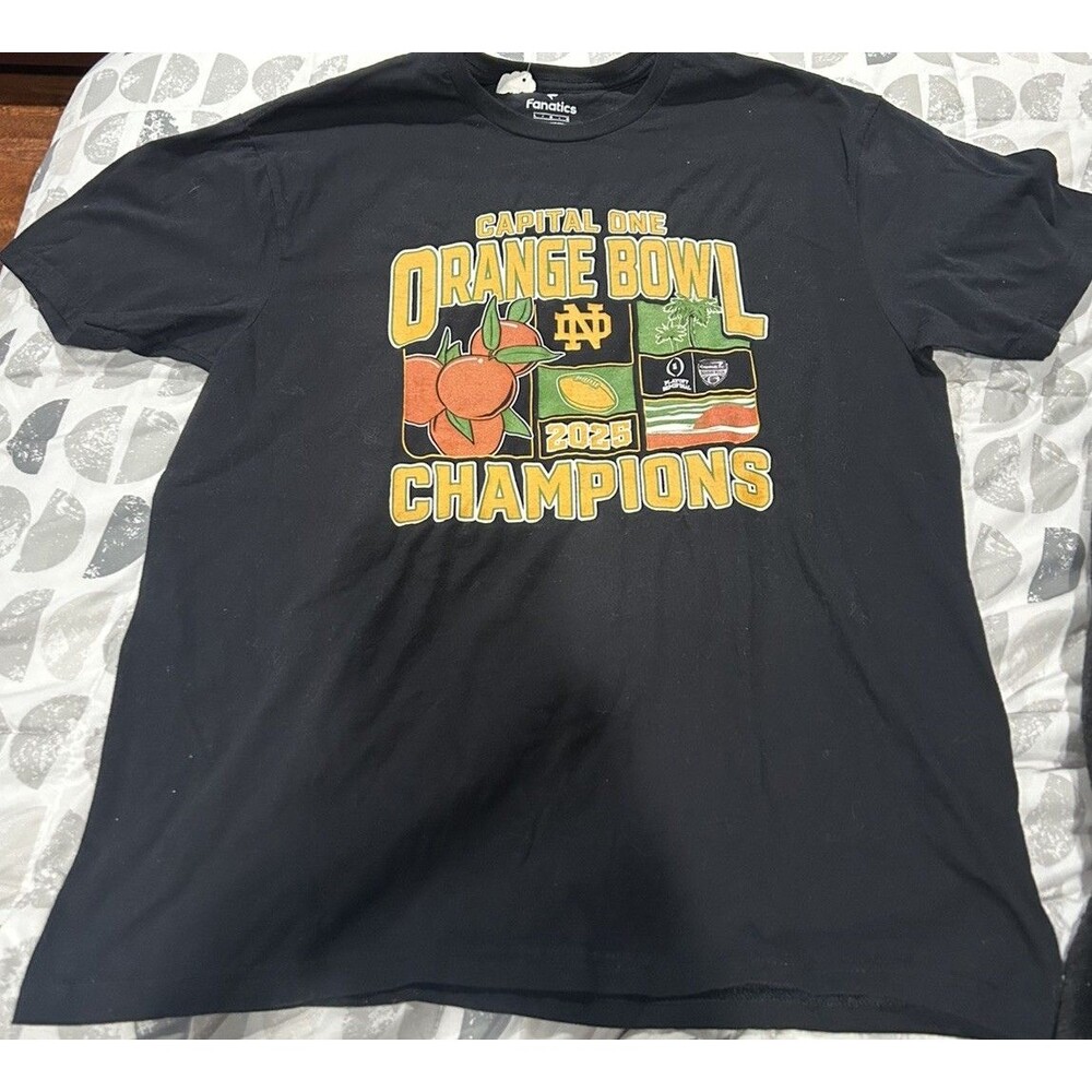 Fanatics Notre Dame Orange Bowl 2025 Champions Tee Shirt Sze Large Black Orange